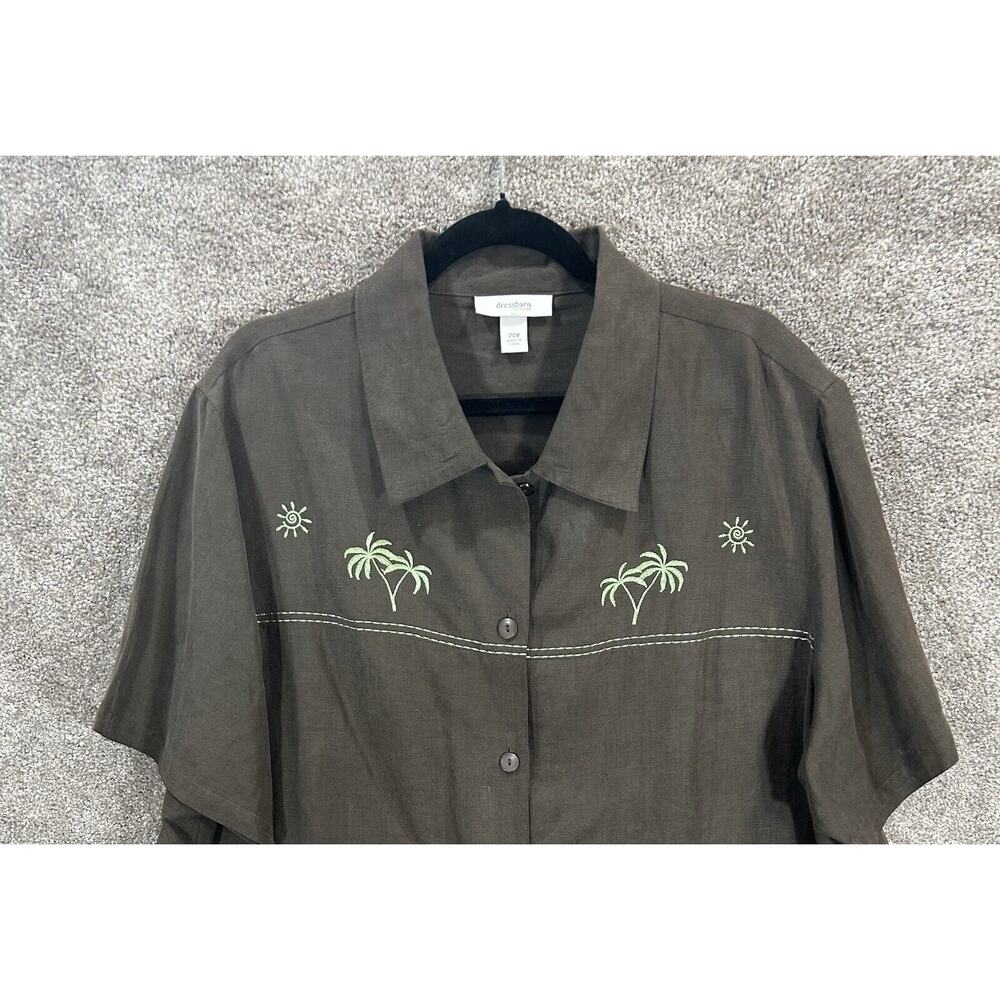 Dress Barn Top Womens‎ 24W Brown Green Embroidered Palm Trees Silk Linen Blouse